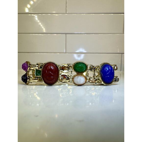 Vintage Scarab Beetle Bracelet Multi Stone Egyptian Revival Gold Tone80 - Picture 2 of 4